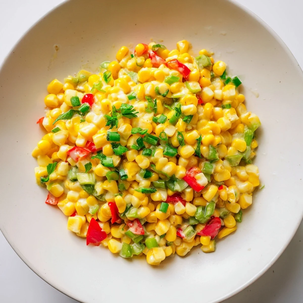 A serving spoon lifts a portion of creamy Creole Corn Maque Choux from a rustic skillet, revealing tender corn and vibrant bell peppers.
