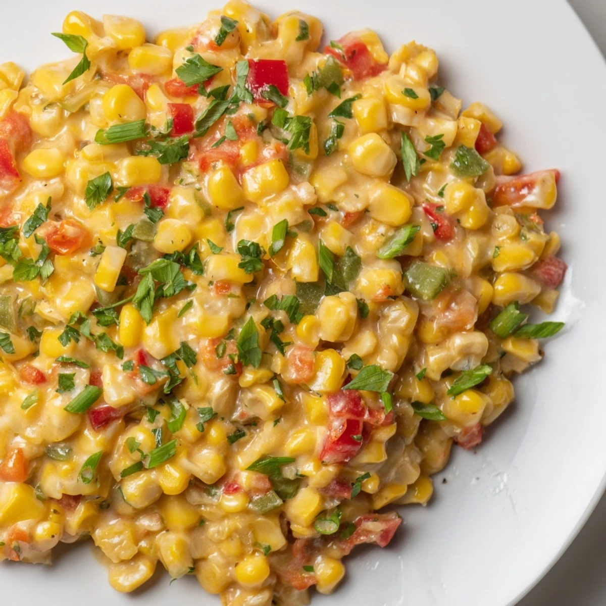 Fork-ready Creole Corn Maque Choux simmers in a pan, ready to accompany grilled meats or stand alone as a hearty vegetarian main.