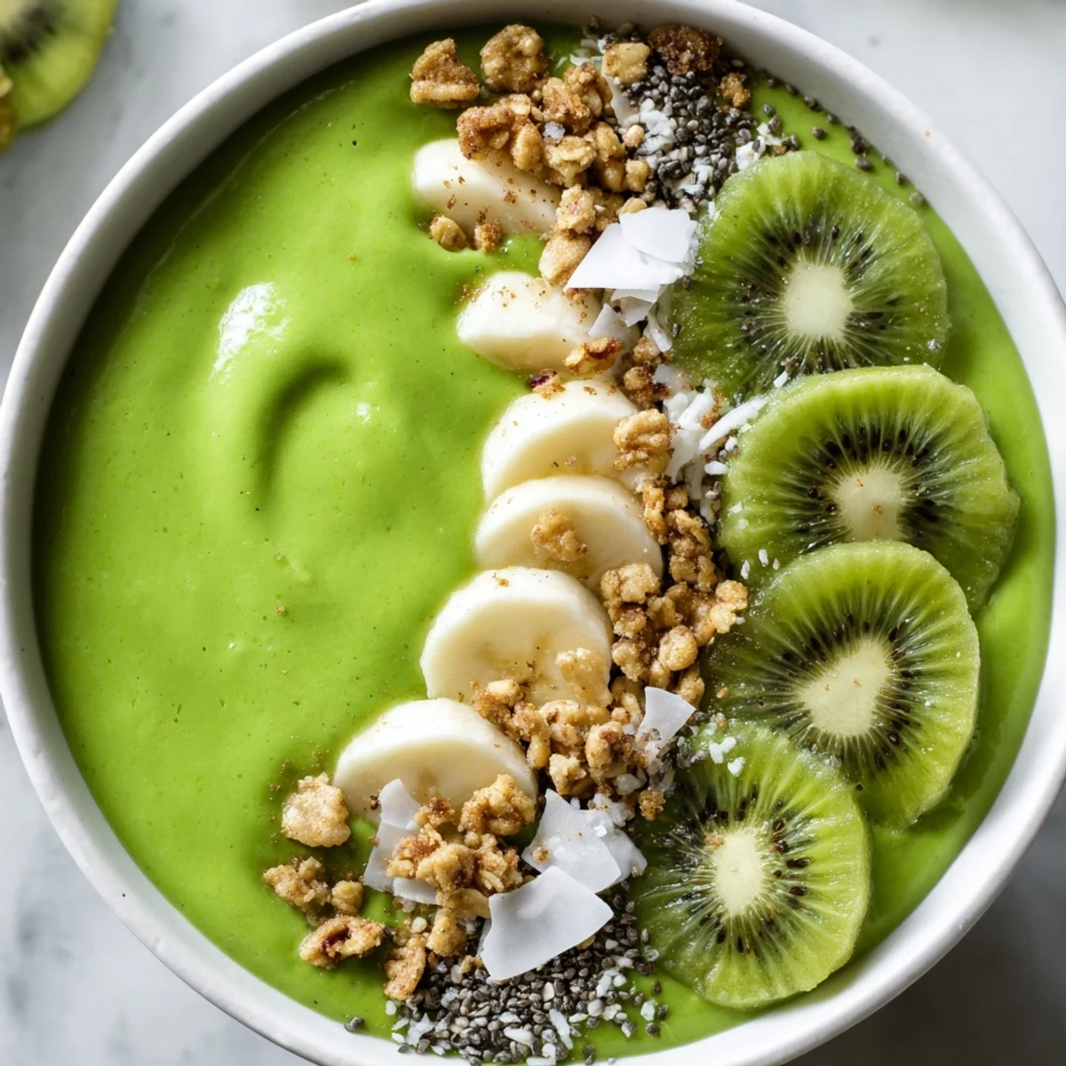 Freshly blended Green Smoothie Bowl with Spinach and Kiwi topped with crunchy granola and chia seeds in a ceramic bowl.