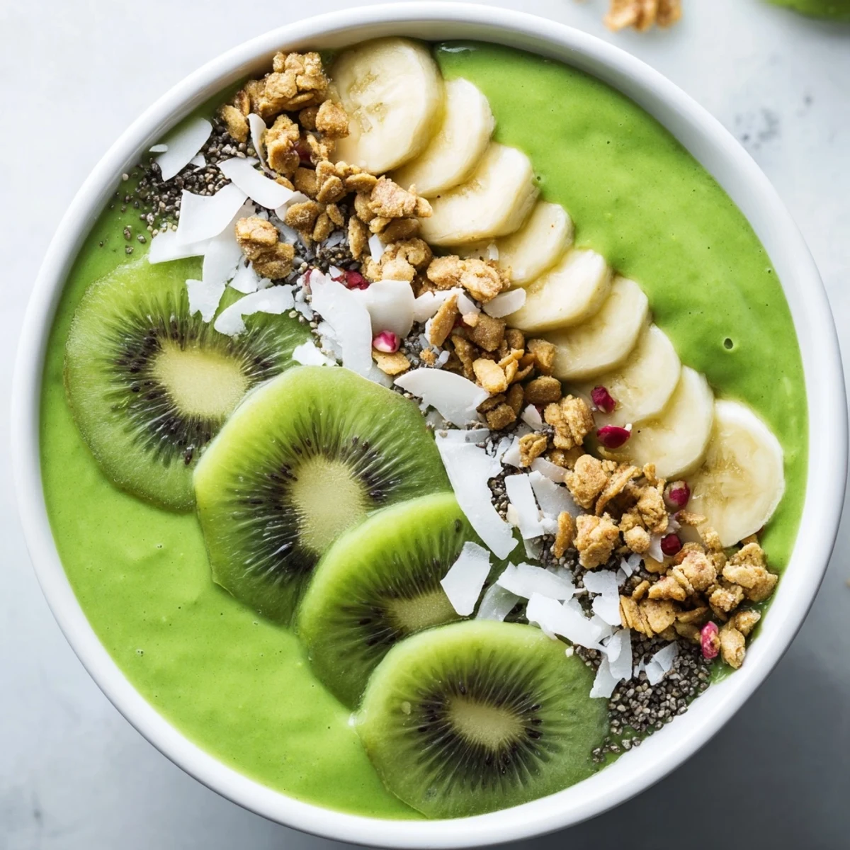 Bright Green Smoothie Bowl with Spinach and Kiwi served with coconut flakes, sliced kiwi, and fresh berries on top.