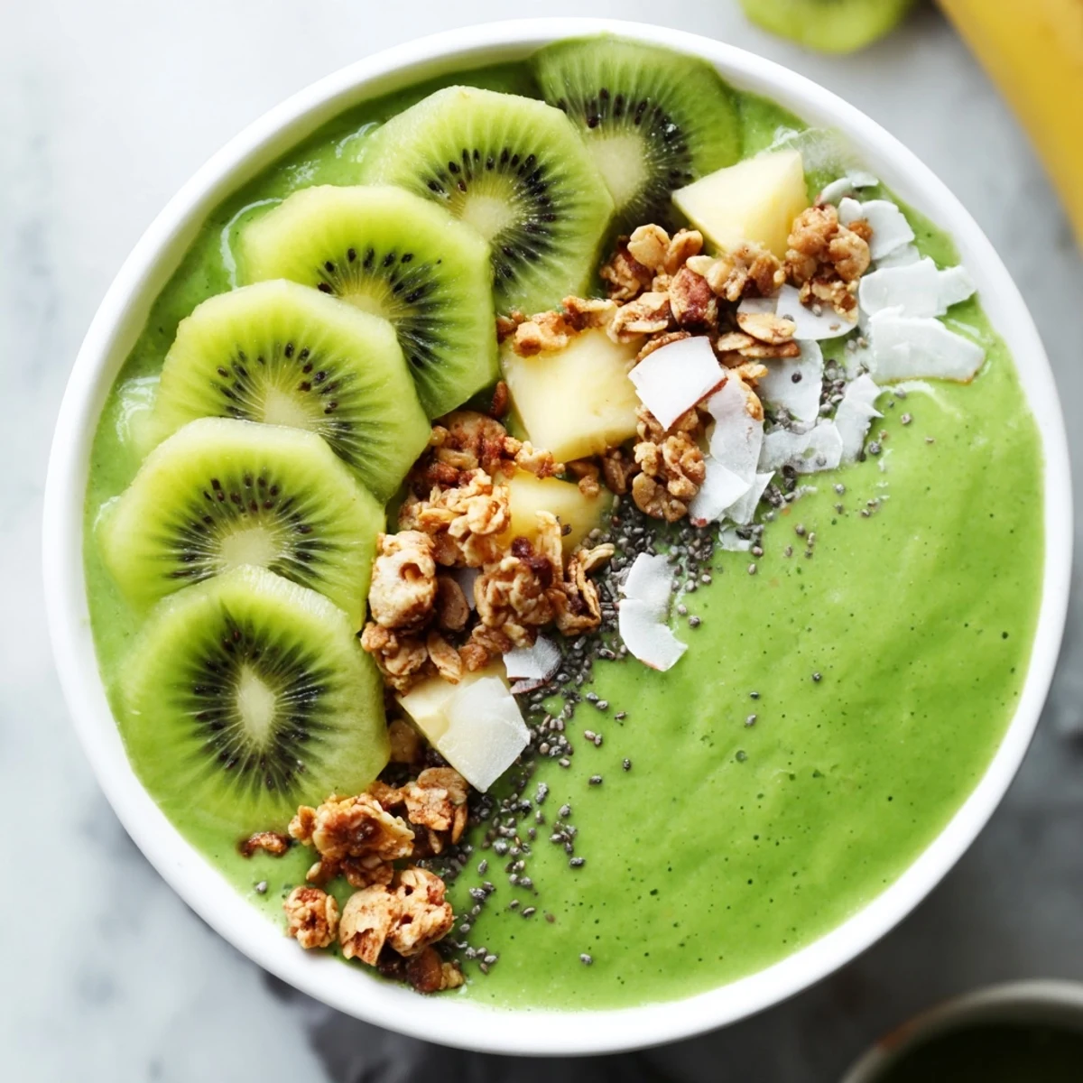 Vibrant, vegan Green Smoothie Bowl with Spinach and Kiwi in a breakfast bowl with almond milk and lime juice.