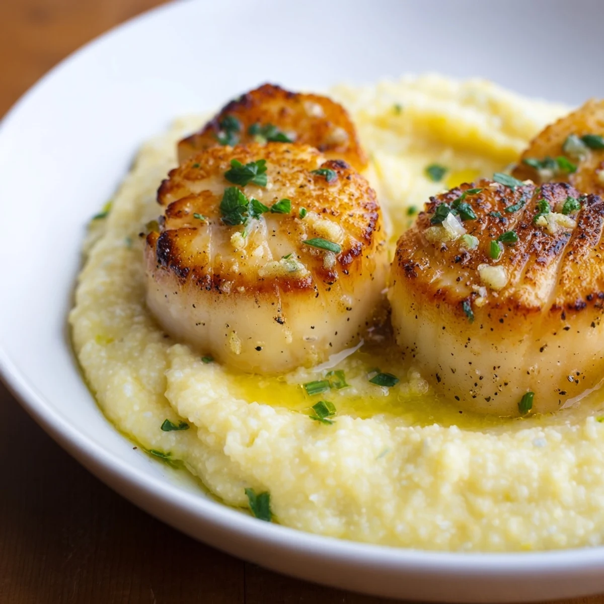 Golden seared Romantic Scallops with Polenta, nestled on creamy Parmesan and drizzled with lemon-herb butter.
