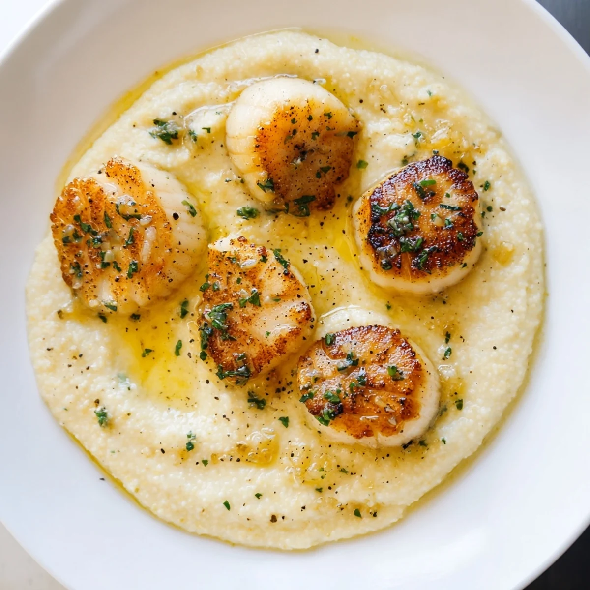 Romantic Scallops with Polenta plated beautifully, golden scallops over creamy Parmesan polenta with lemon butter sauce.