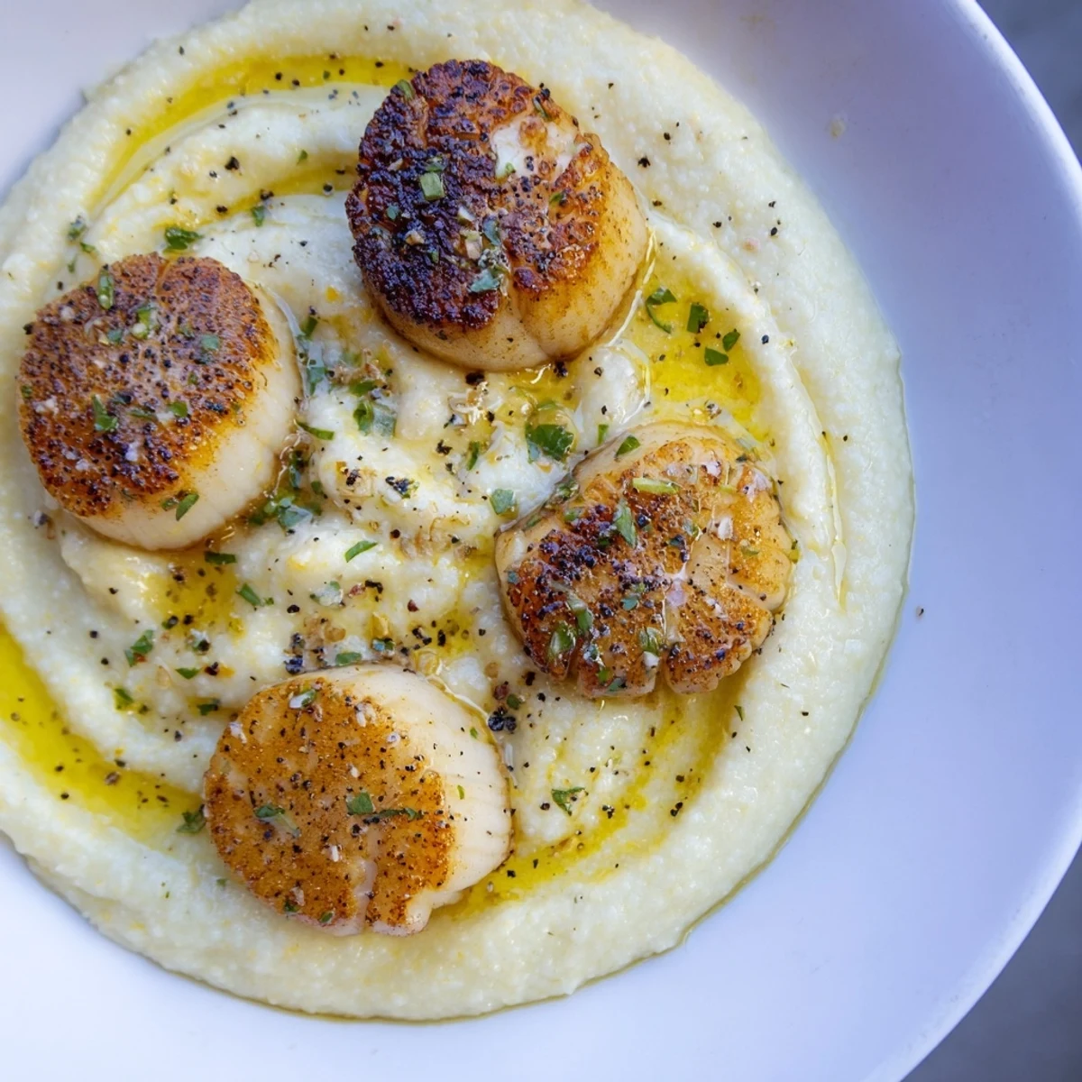 Tender Romantic Scallops with Polenta served on a plate, garnished with fresh parsley for a special dinner.