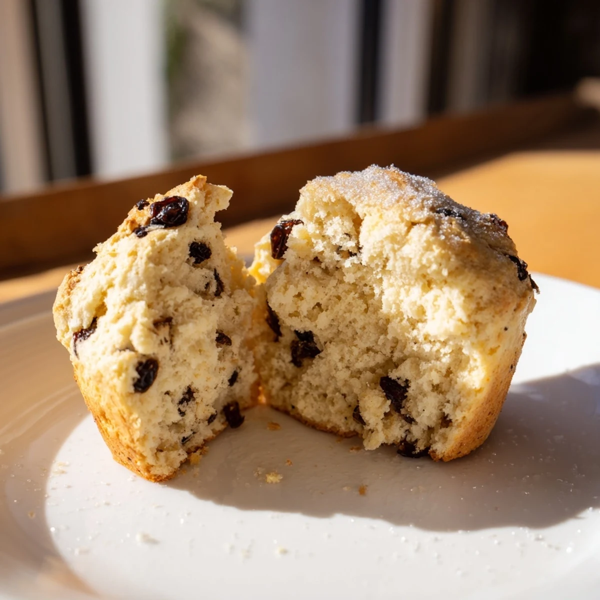 Warm Irish Soda Bread Muffins with Currants are split open on a rustic cutting board, revealing a tender, fluffy crumb flecked with caraway seeds. 
