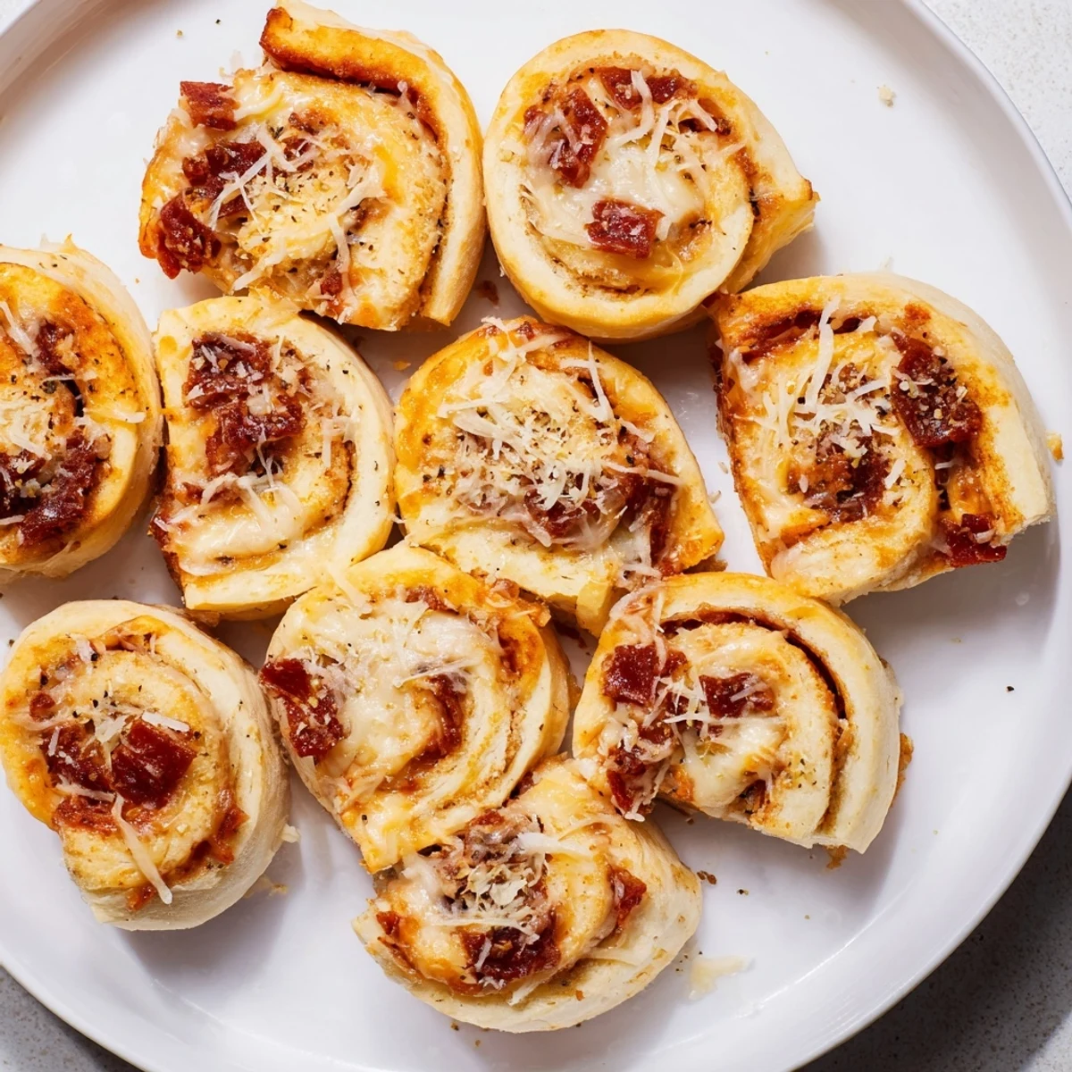 Golden-brown Game Day Pizza Rolls with Beef Pepperoni baked on parchment, with bubbling mozzarella and cheddar visible in the cross-sections.