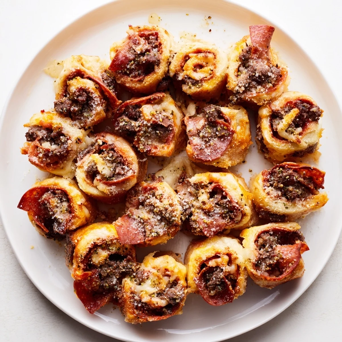 Steam rises from freshly baked Game Day Pizza Rolls with Beef Pepperoni, served warm with a small bowl of marinara for dipping.