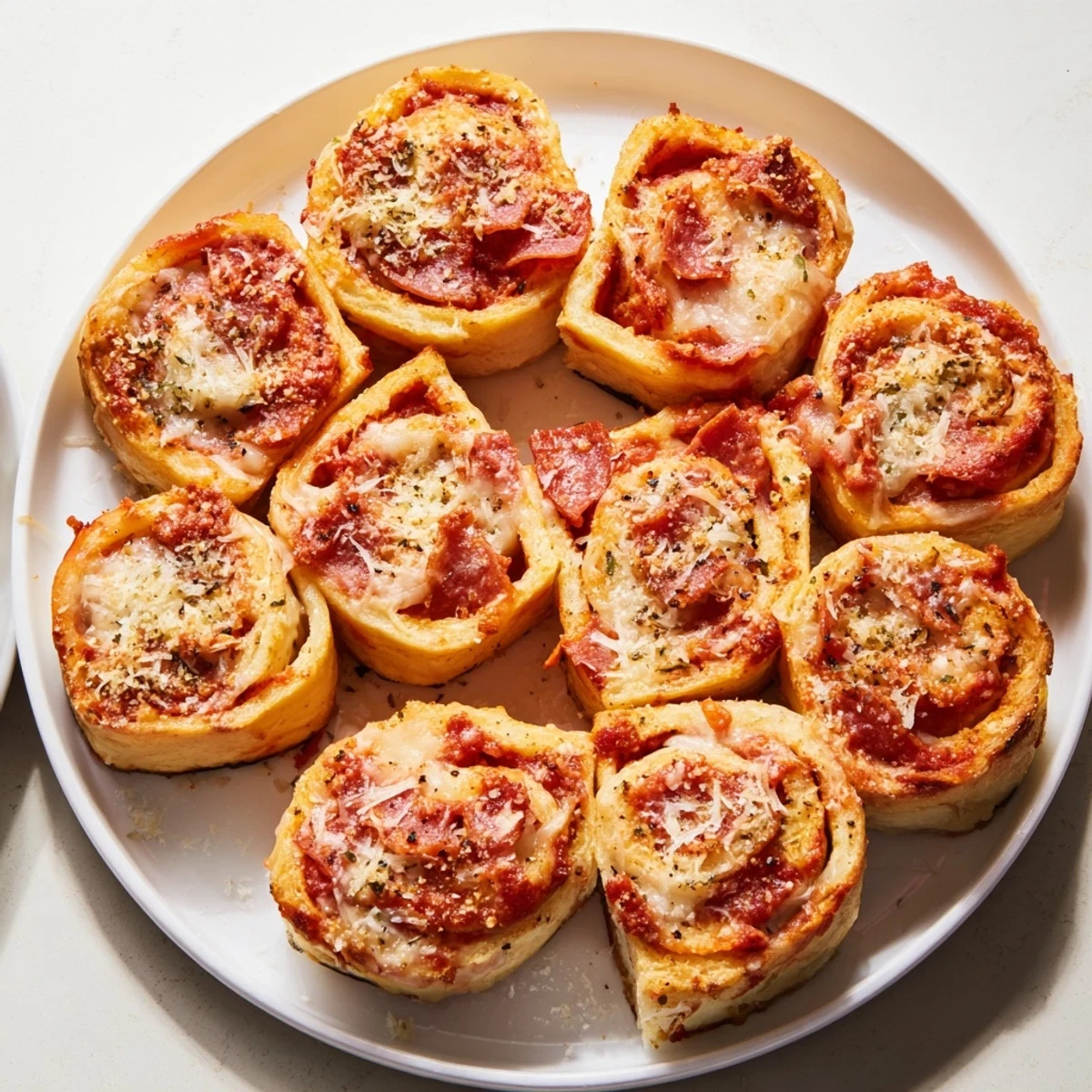 Close-up of Game Day Pizza Rolls with Beef Pepperoni on a rustic platter, showing golden Parmesan topping and zesty beef pepperoni pieces.