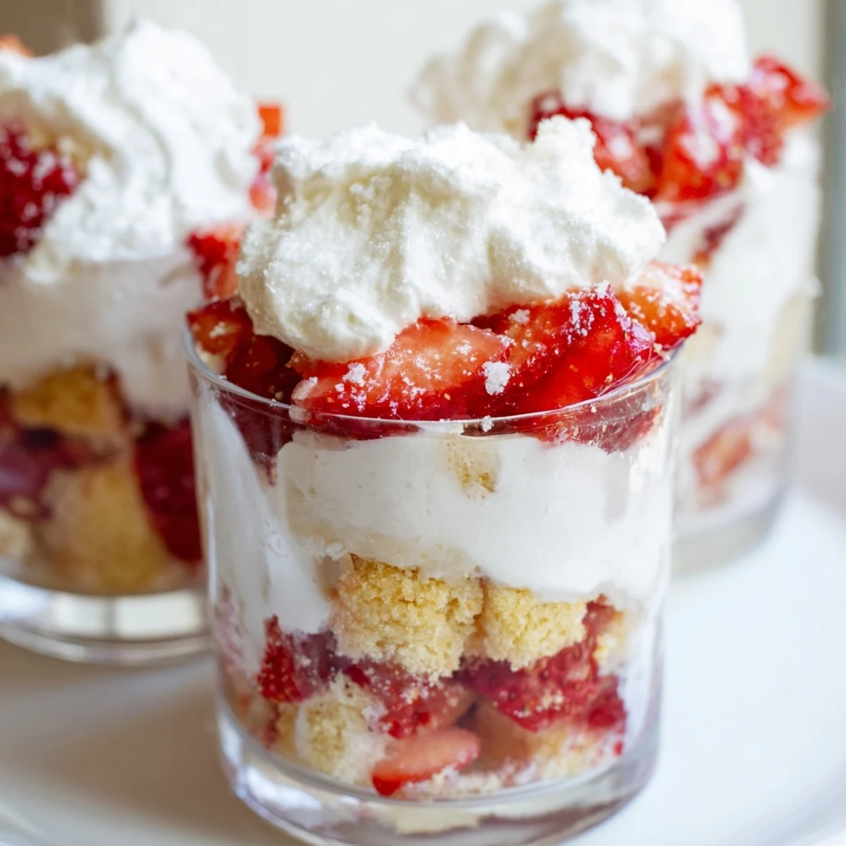 Freshly baked golden shortcakes crumbled in cups with macerated strawberries and fluffy whipped cream, showcasing Valentine Strawberry Shortcake Cups.
