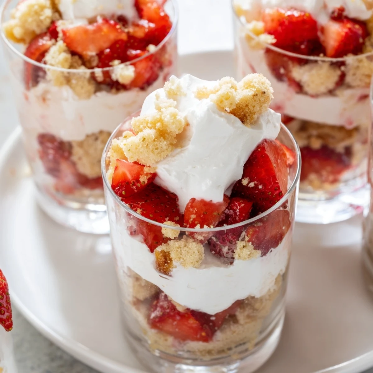 Close-up of Valentine Strawberry Shortcake Cups revealing tender biscuit layers, glistening strawberries, and velvety whipped cream ready for a romantic dessert.
