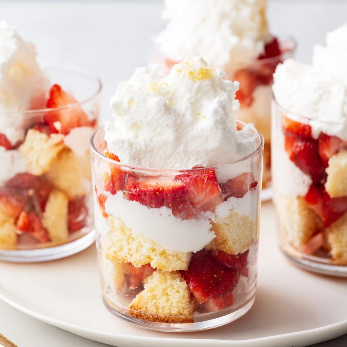 Individual Valentine Strawberry Shortcake Cups served in glasses, layered with juicy berries and soft cream, perfect for a cozy date night.