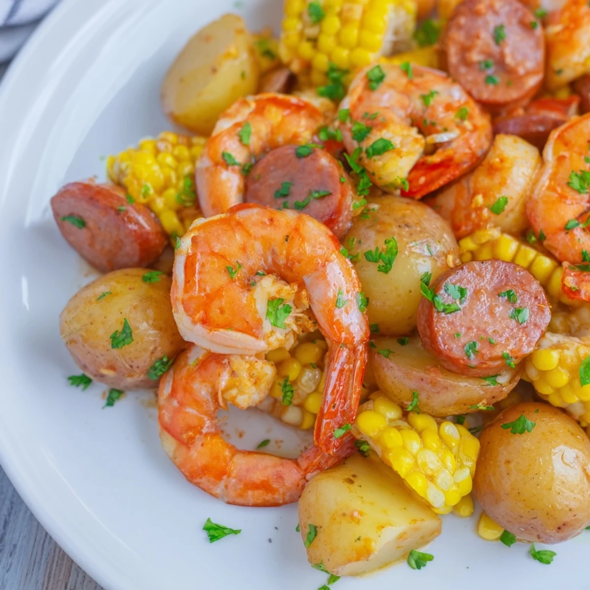 Festive Mardi Gras Shrimp Boil with corn, potatoes, and spicy sausage piled high on a platter, ready to serve.