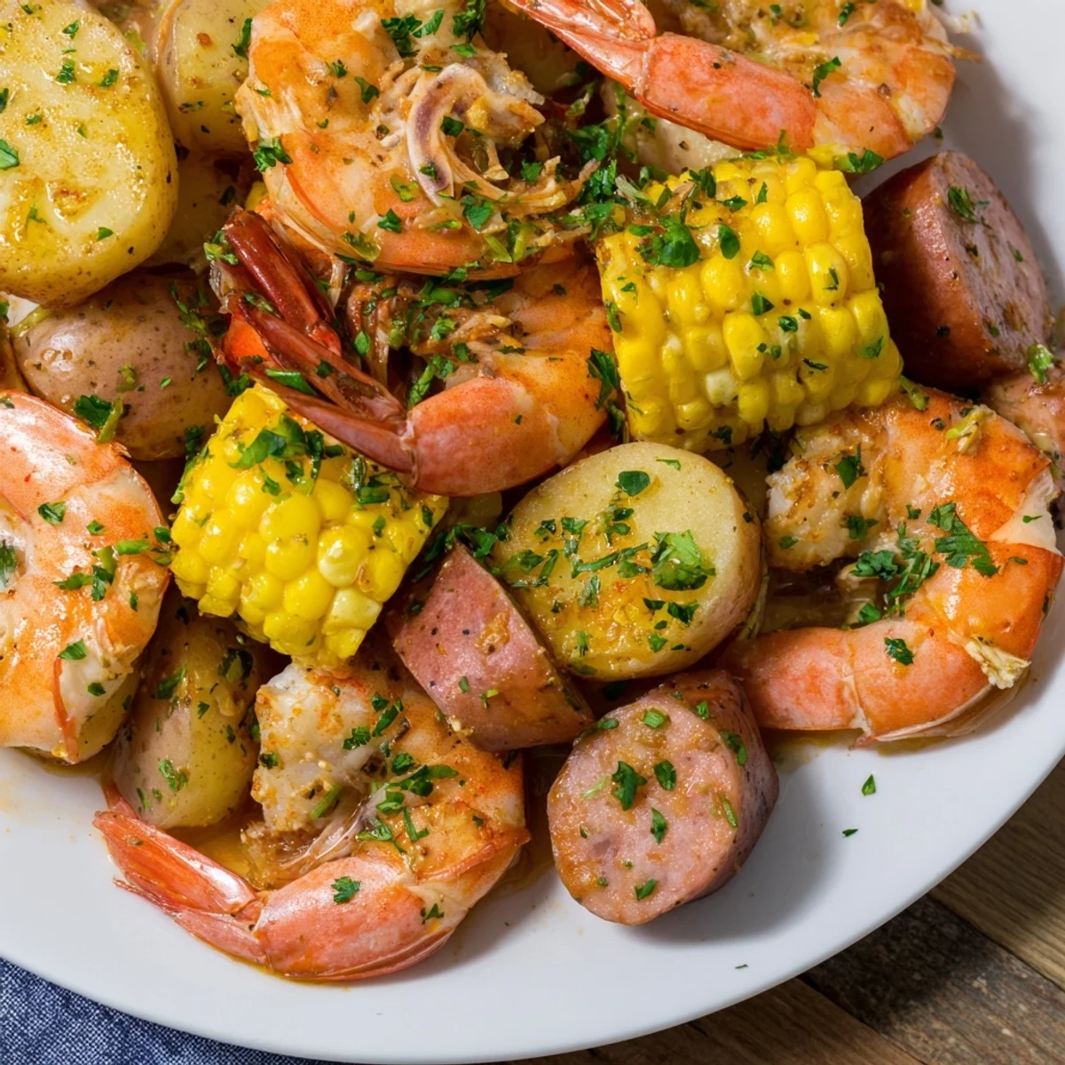 Hearty Mardi Gras Shrimp Boil featuring bright yellow corn and tender potatoes, drizzled with melted butter and parsley.