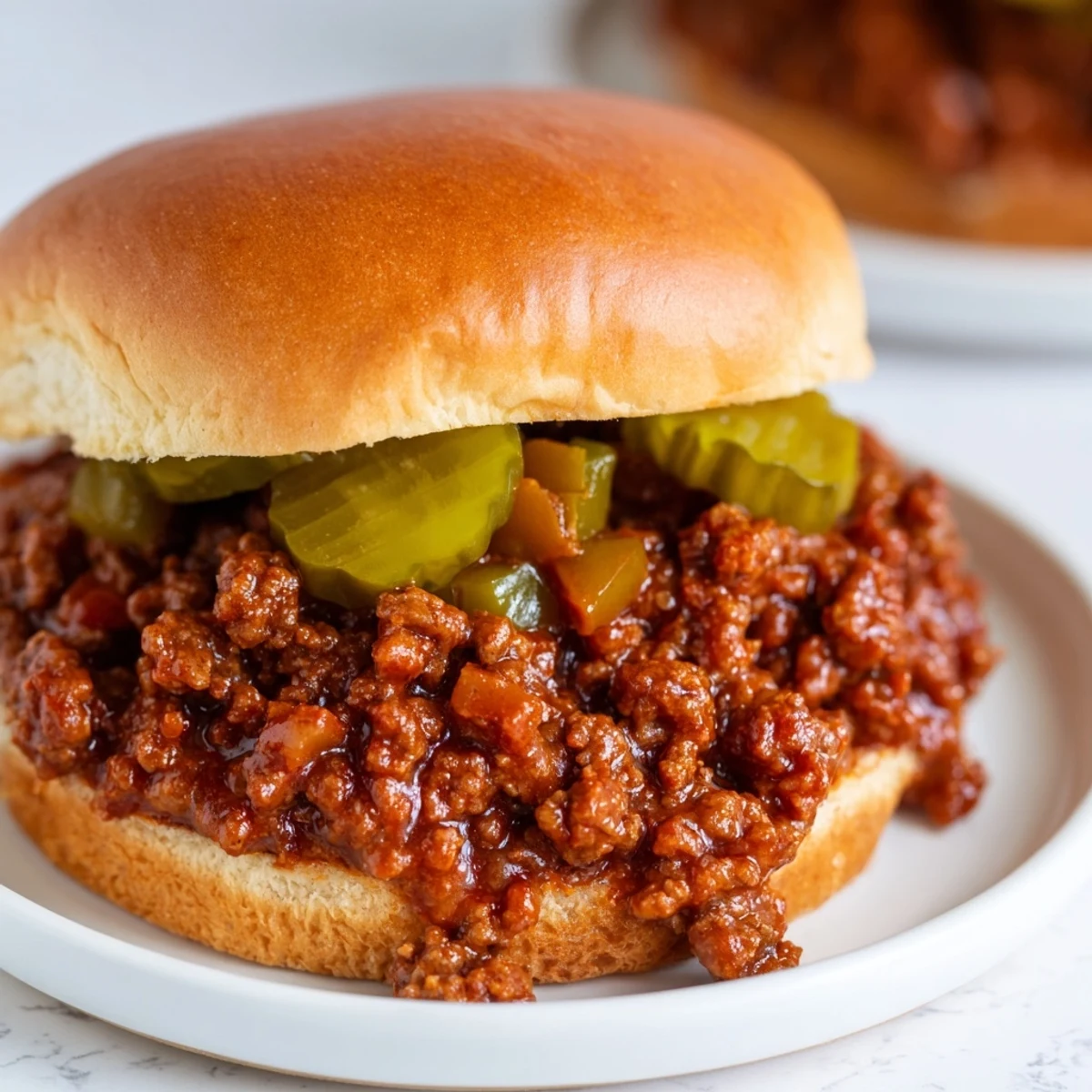 Golden toasted hamburger buns cradle a generous scoop of the rich, savory Sloppy Joes on Toasted Buns, garnished with pickle chips.