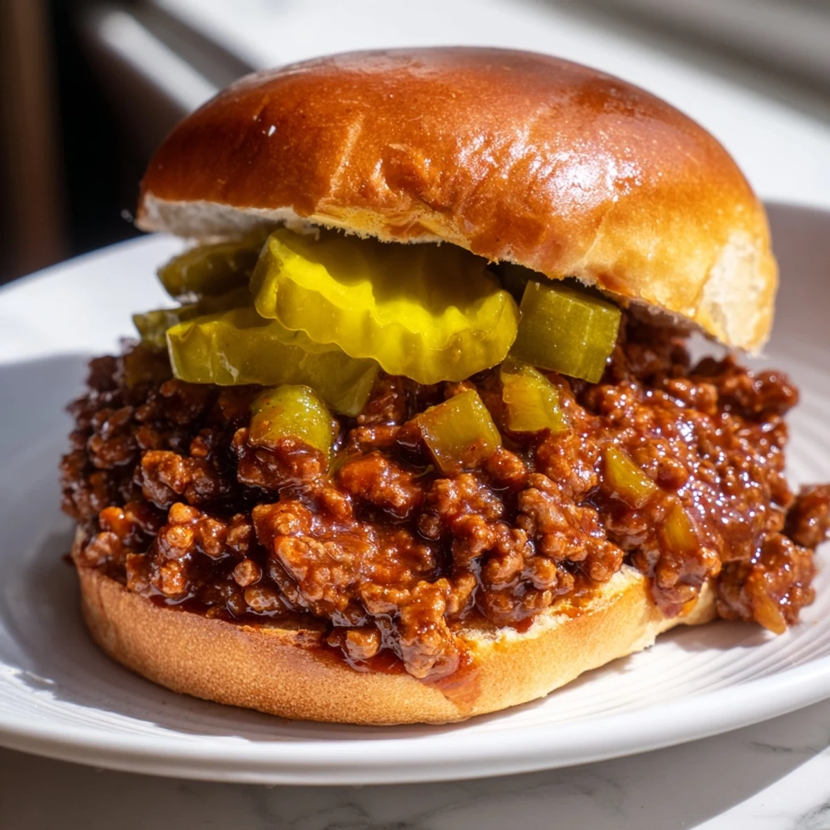 A hearty platter of Sloppy Joes on Toasted Buns, served alongside potato chips, ready for a casual family dinner.