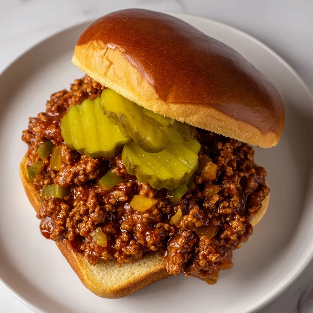 A close-up view of Sloppy Joes on Toasted Buns reveals the chunky, tangy ground beef mixture and buttery toasted bun texture.