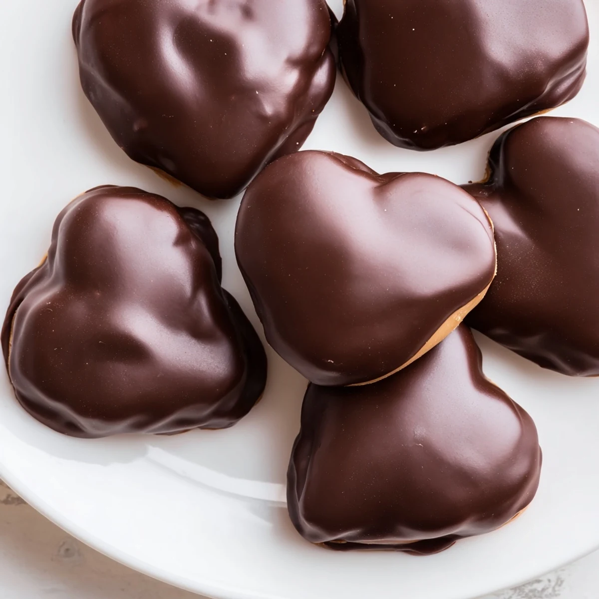 Homemade chocolate peanut butter hearts on a marble slab, coated in smooth dark chocolate with a glossy finish for a sweet treat.