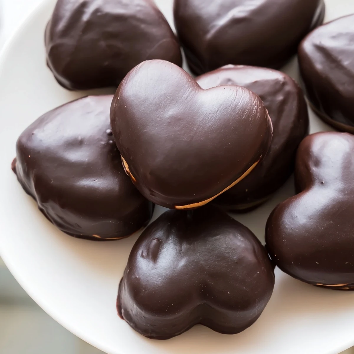 Perfectly set chocolate peanut butter hearts arranged on parchment paper, an easy homemade dessert ideal for a romantic Valentine's Day.