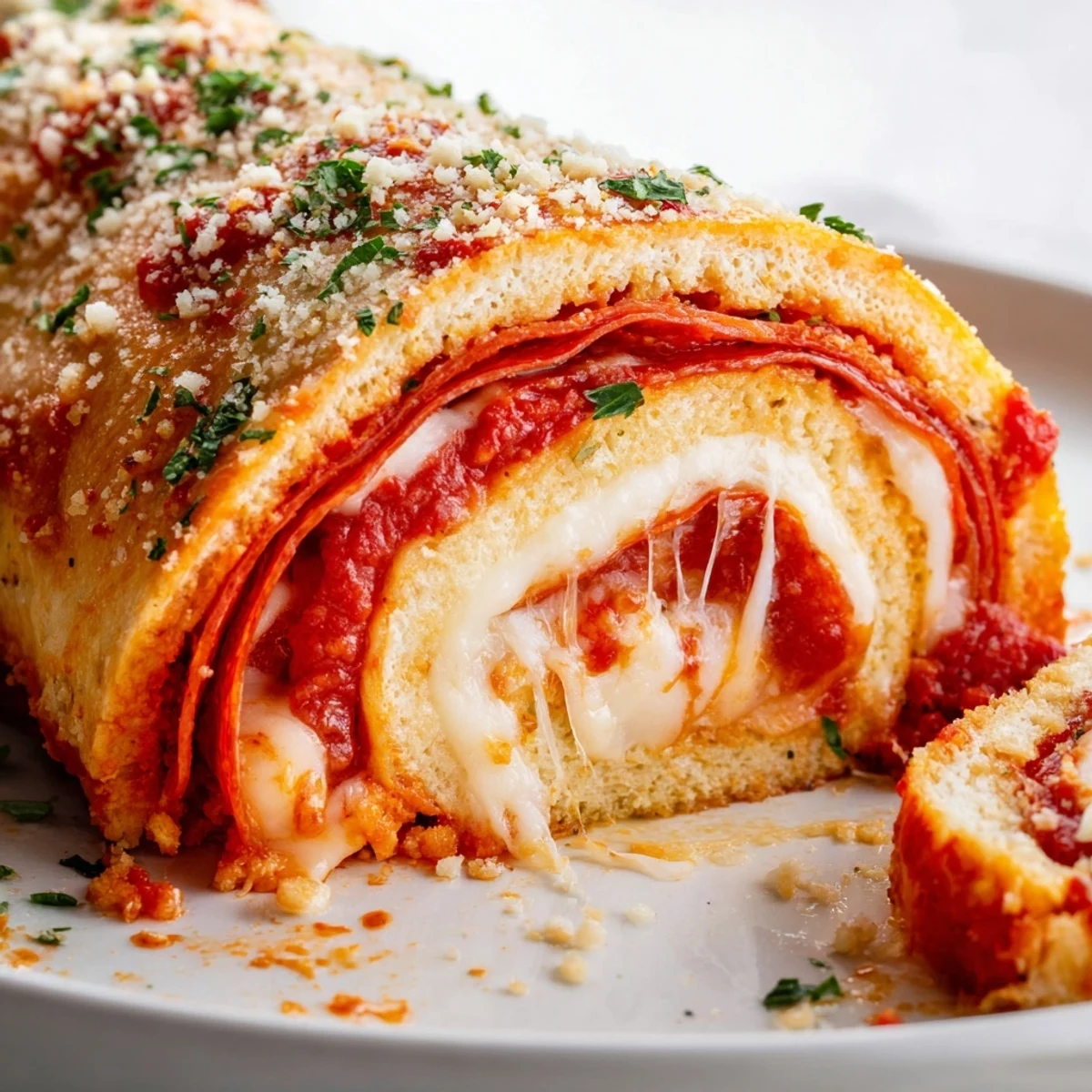 Golden-baked pizza rolls with beef pepperoni, bubbling mozzarella, and zesty tomato sauce on a rustic board.