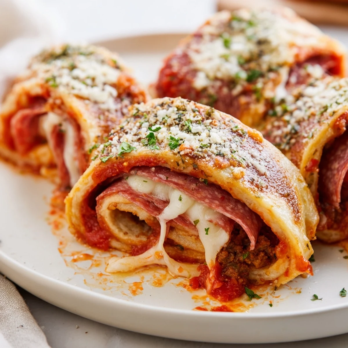 Freshly baked pizza rolls with beef pepperoni, melty mozzarella, and tomato sauce served with a side of marinara dip.