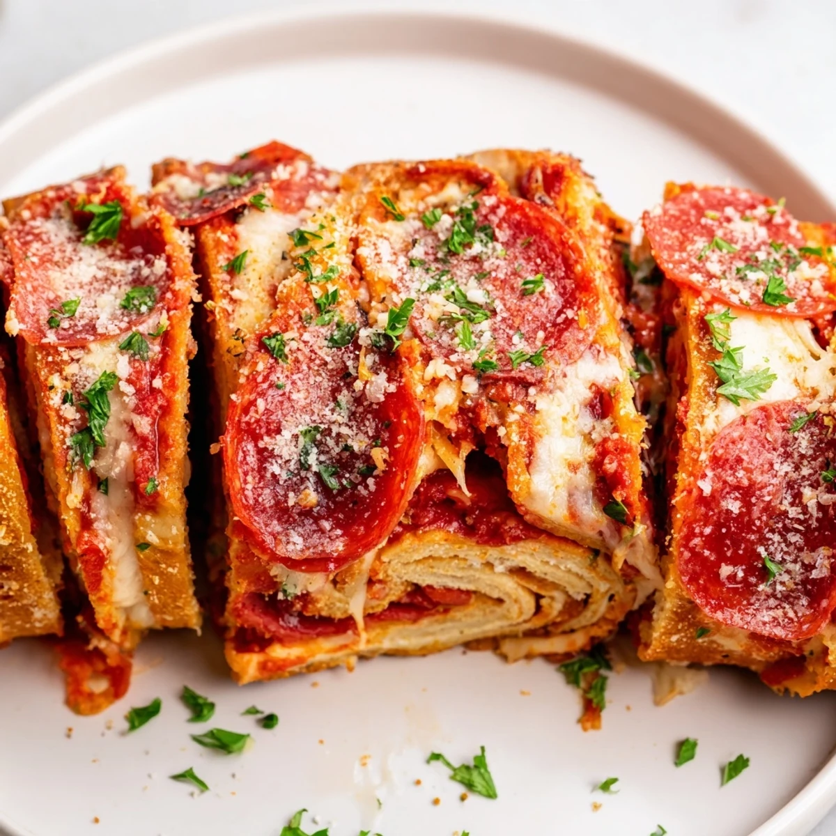 Homemade pizza rolls with beef pepperoni, gooey mozzarella, and herbs, arranged on a baking sheet with parchment paper.