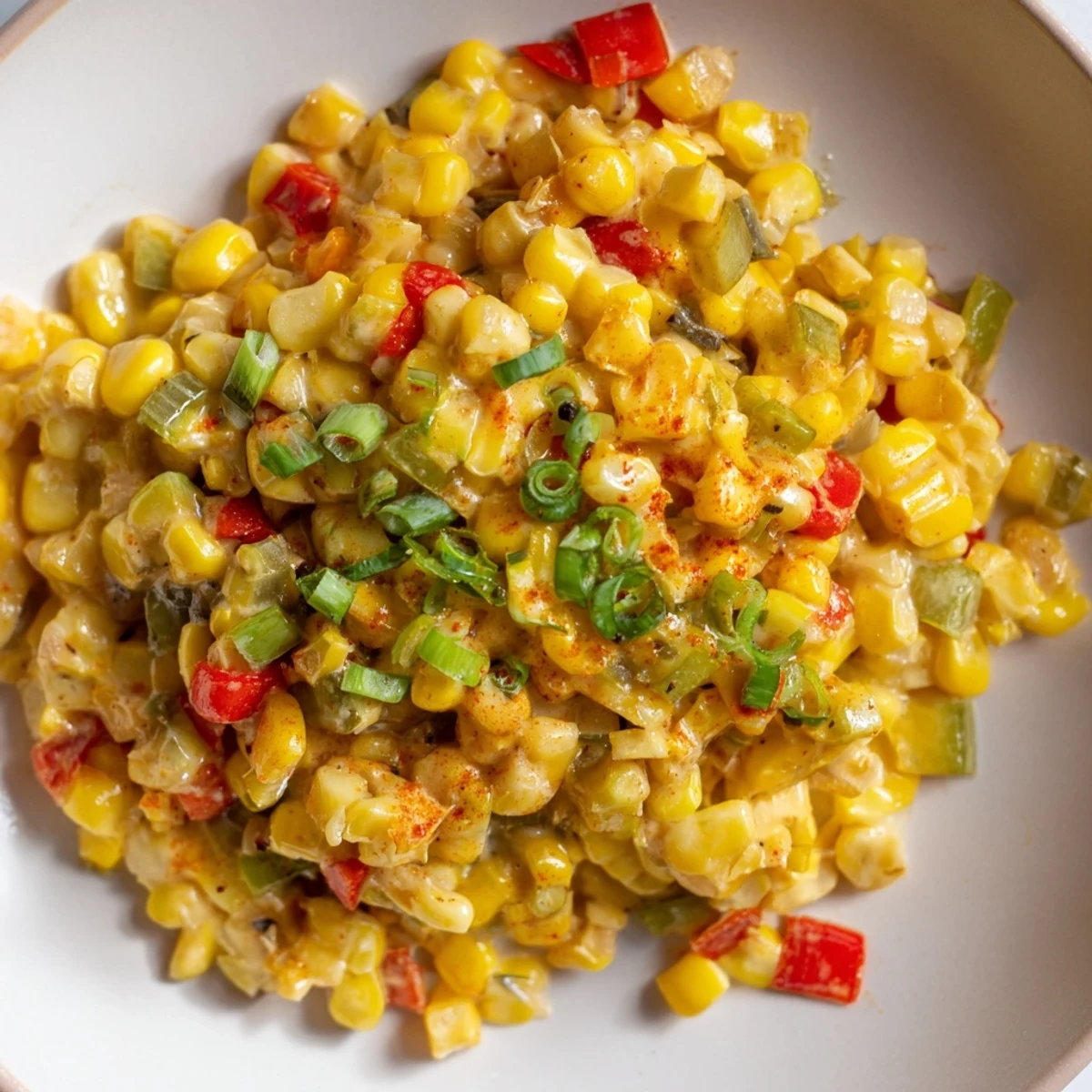 Golden Creole Corn Maque Choux with Peppers simmers in a skillet, blending creamy corn kernels with diced red and green bell peppers and onion.