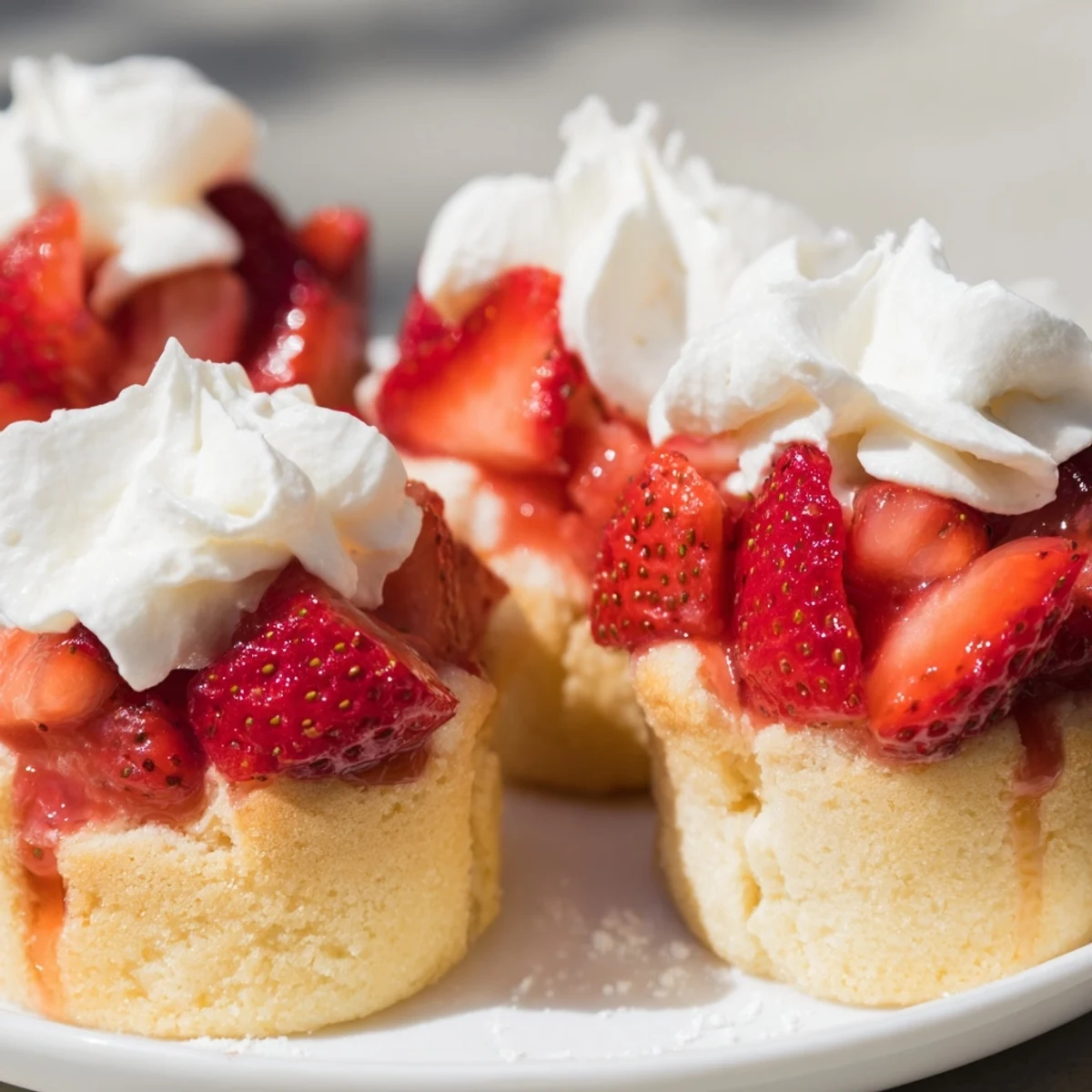 Juicy sliced strawberries and velvety whipped cream layered inside golden shortcake cups, creating a perfect summer dessert treat.