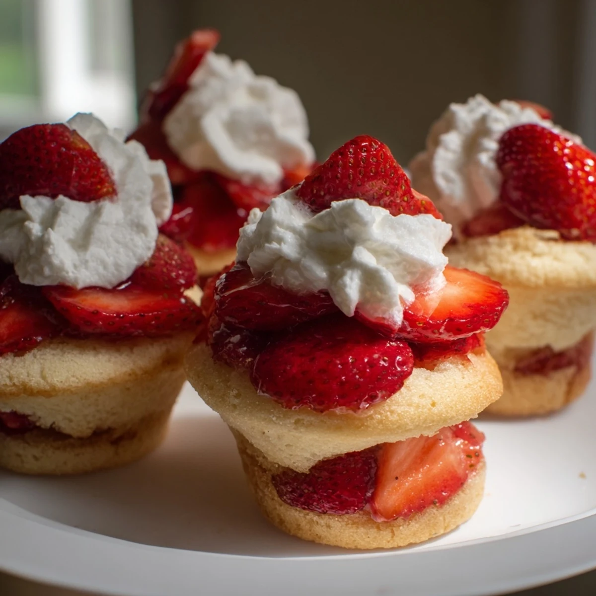 Freshly baked shortcake cups filled with macerated strawberries and a generous dollop of fluffy whipped cream, ready to serve.