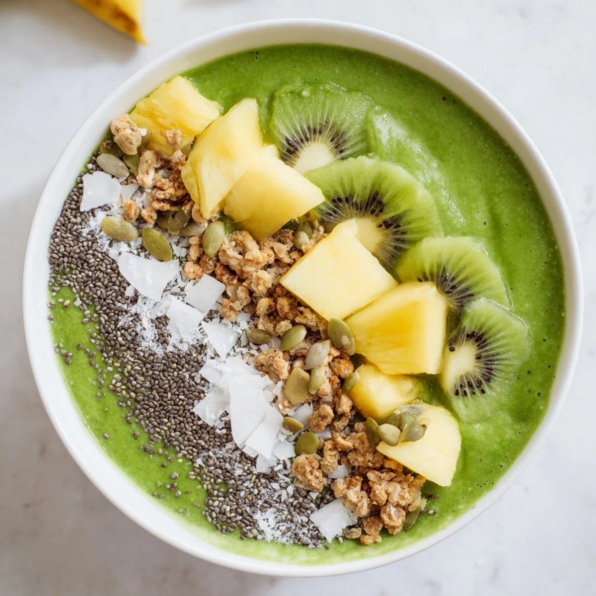 A close-up of a Green Smoothie Bowl with Spinach and Pineapple, topped with sliced kiwi, granola, and coconut flakes.