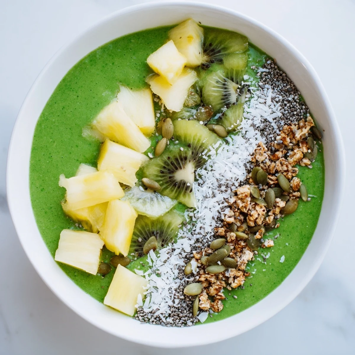 A nutritious Green Smoothie Bowl with Spinach and Pineapple, garnished with chia seeds, pumpkin seeds, and a drizzle of honey.