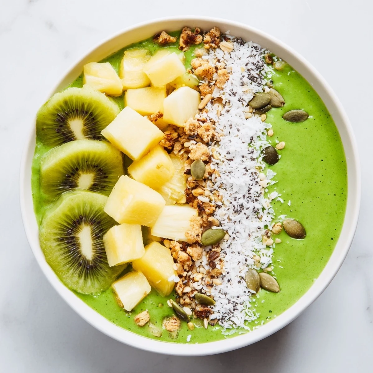 A vibrant Green Smoothie Bowl with Spinach and Pineapple, featuring a thick, creamy base and colorful fresh fruit toppings.