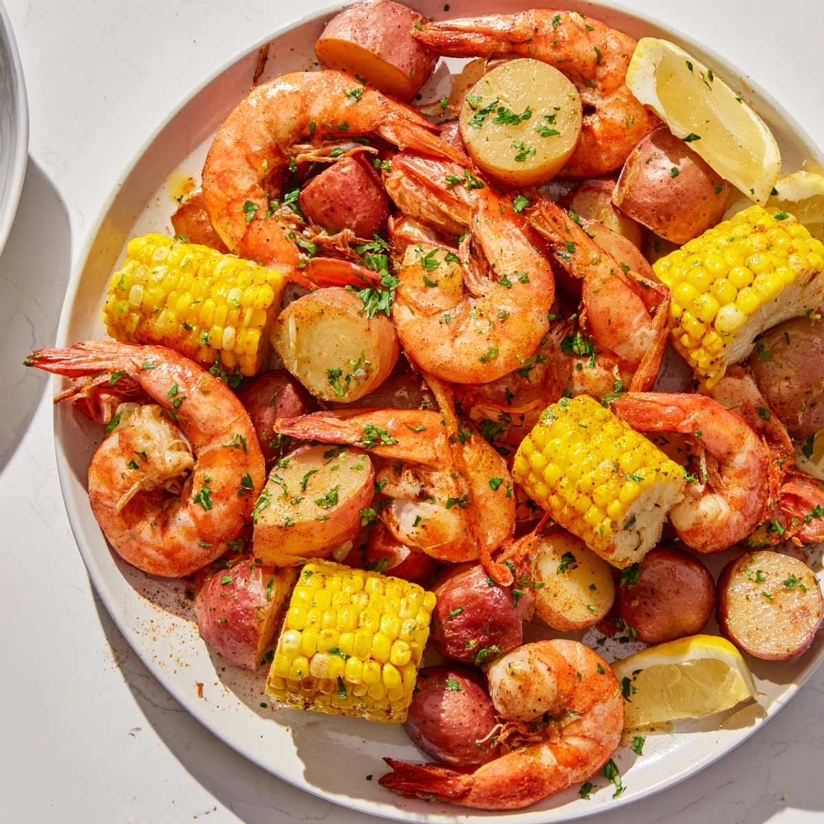 A vibrant Mardi Gras Shrimp Boil with corn on the cob, potatoes, and sausage piled high on a platter, garnished with fresh parsley and lemon wedges for a zesty finish.