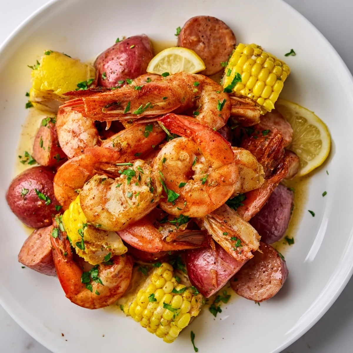 Steam rises from a pot of Mardi Gras Shrimp Boil, featuring juicy shrimp, sweet corn on the cob, and spicy Andouille sausage seasoned with bold Creole spices.