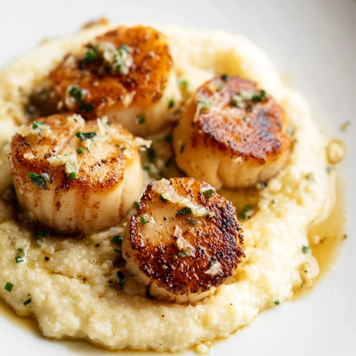 Warm, velvety polenta topped with perfectly seared scallops, glistening with fresh chive butter, ready to serve for a special occasion meal.