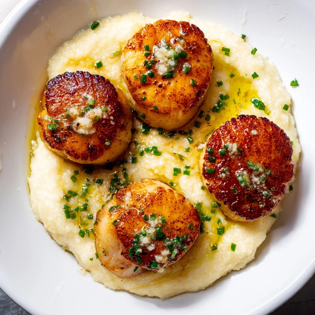 Golden-brown pan-seared scallops resting on a creamy bed of polenta, finished with herb butter, on a white plate for a cozy dinner.