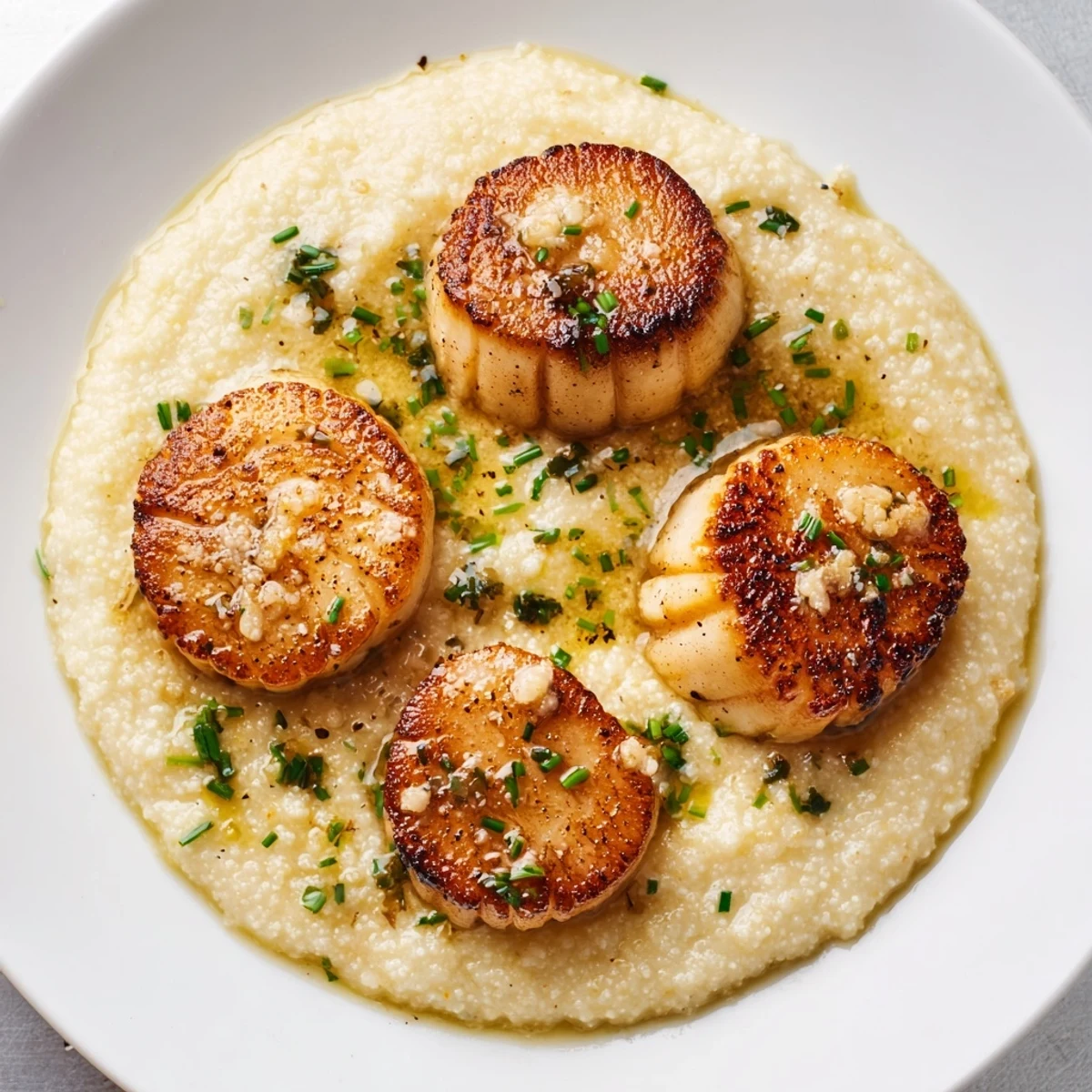 A close-up of tender scallops over rich polenta, garnished with parsley and lemon zest, ideal for a gluten-free, elegant main course.