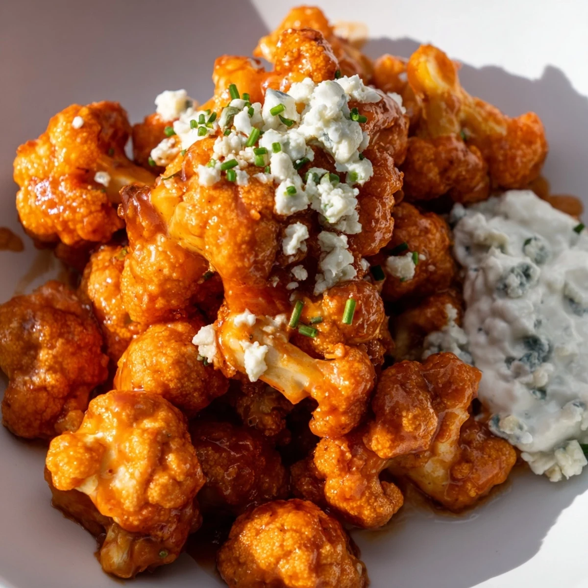 Golden-brown Buffalo Cauliflower Wings with Blue Cheese dip are arranged on a serving platter beside crisp celery and carrot sticks, perfect for a vegetarian game day snack.
