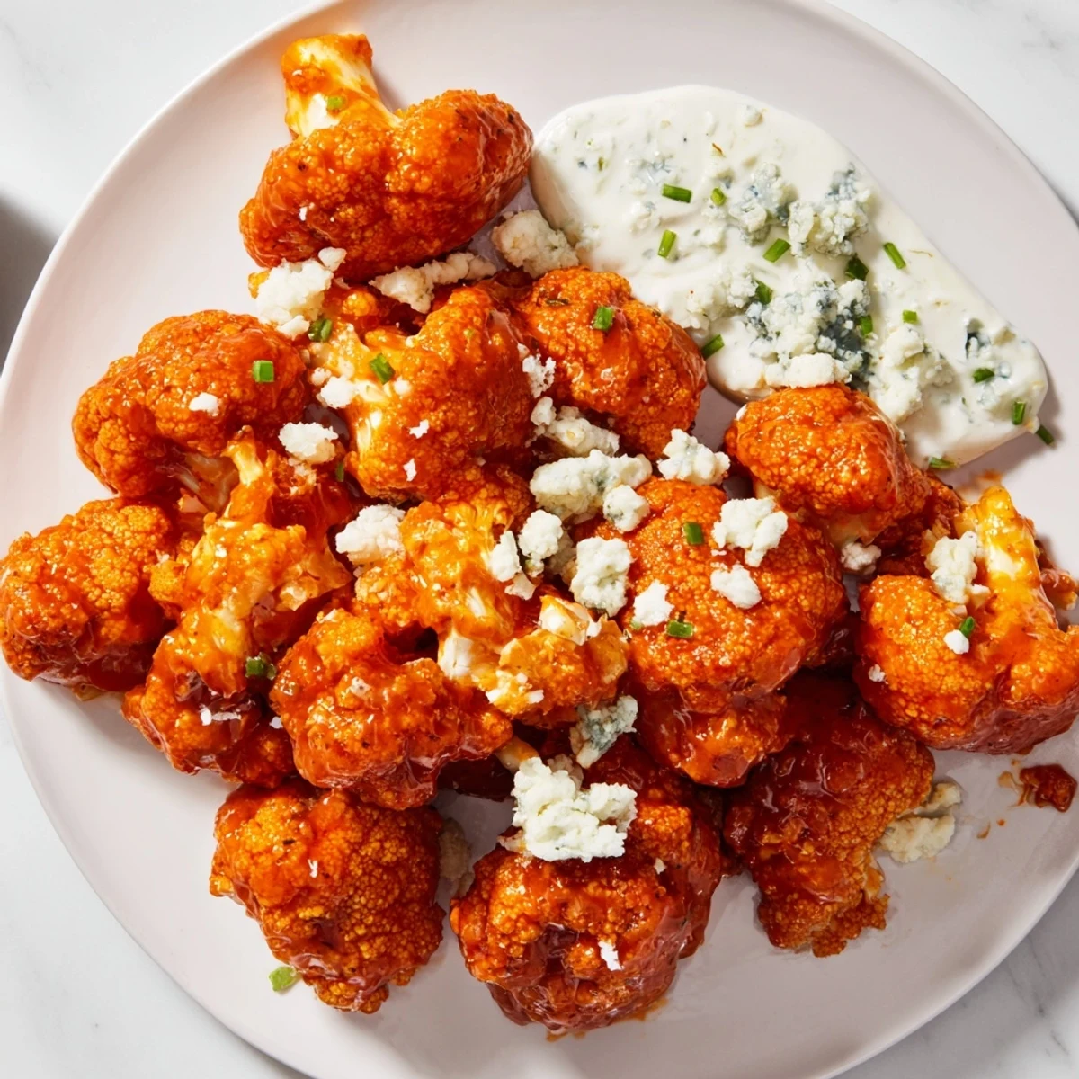 Piping hot Buffalo Cauliflower Wings with Blue Cheese are tossed in glossy, tangy sauce and paired with a creamy dip, ready for a crowd-pleasing appetizer.