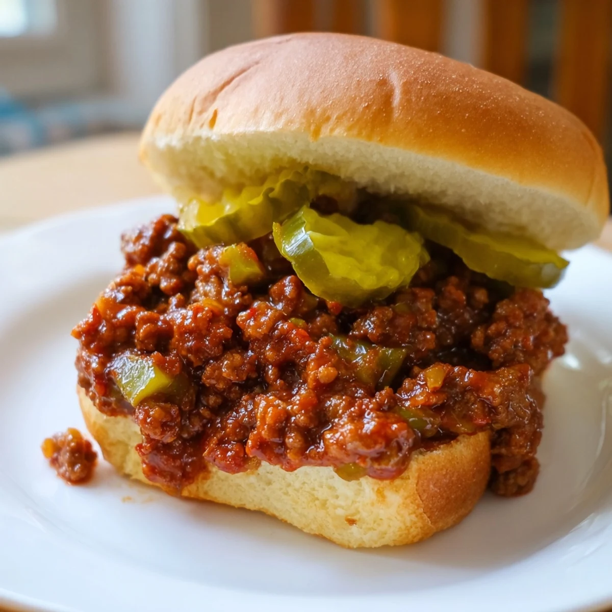 A close-up of golden toasted buns filled with hearty sloppy joes, topped with crisp dill pickles and a side of potato chips.  