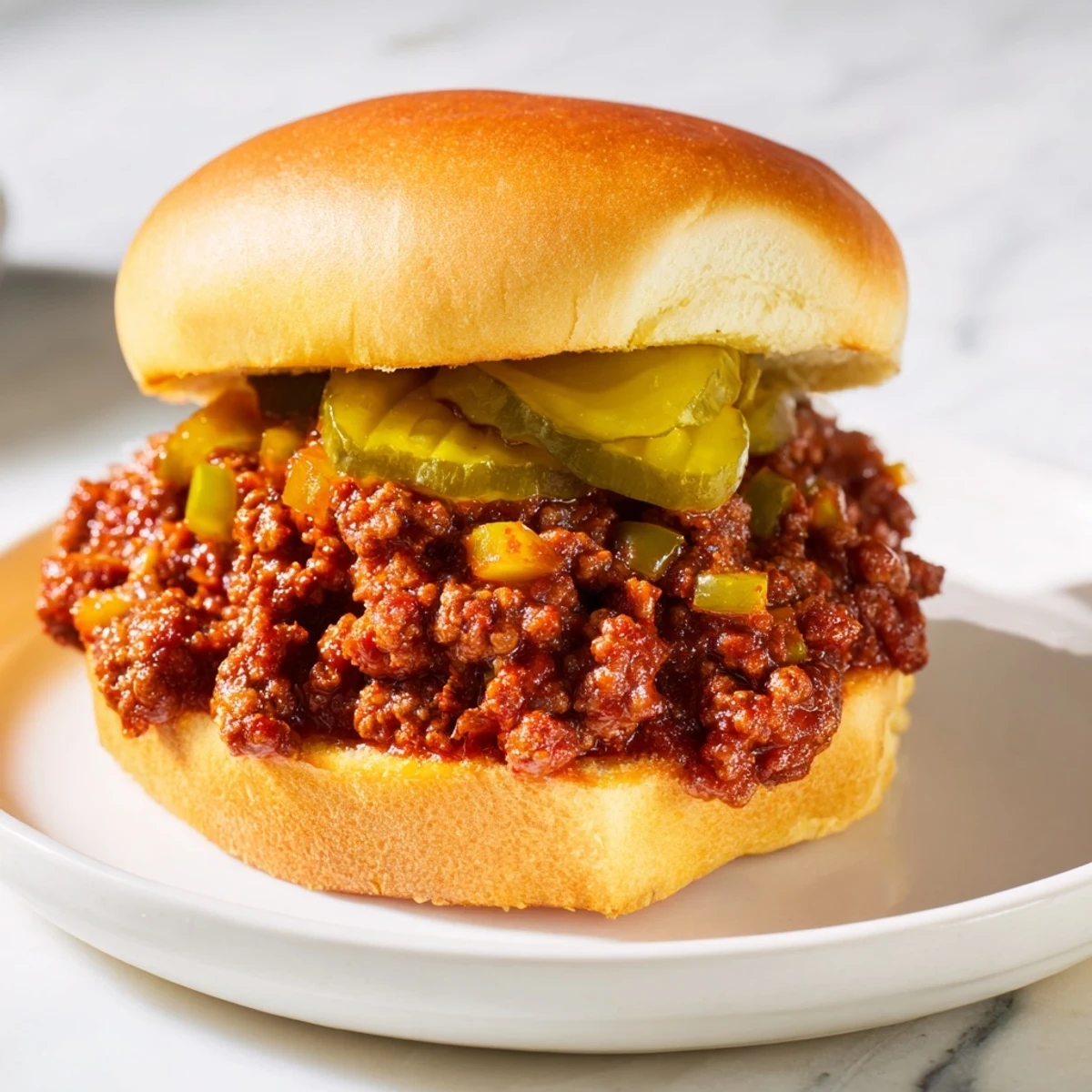Savory sloppy joes on buttery toasted buns, topped with tangy pickles, served with coleslaw for a classic American dinner.  