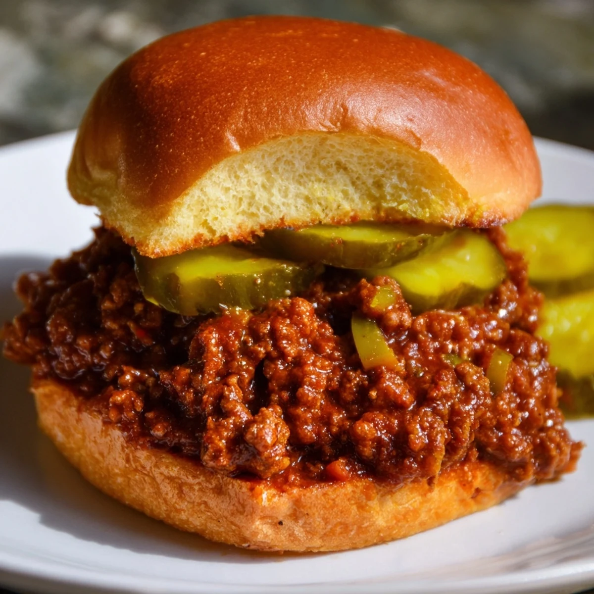 Comforting homemade sloppy joes piled on a toasted bun with crunchy pickles, ready to serve for a family weeknight meal.