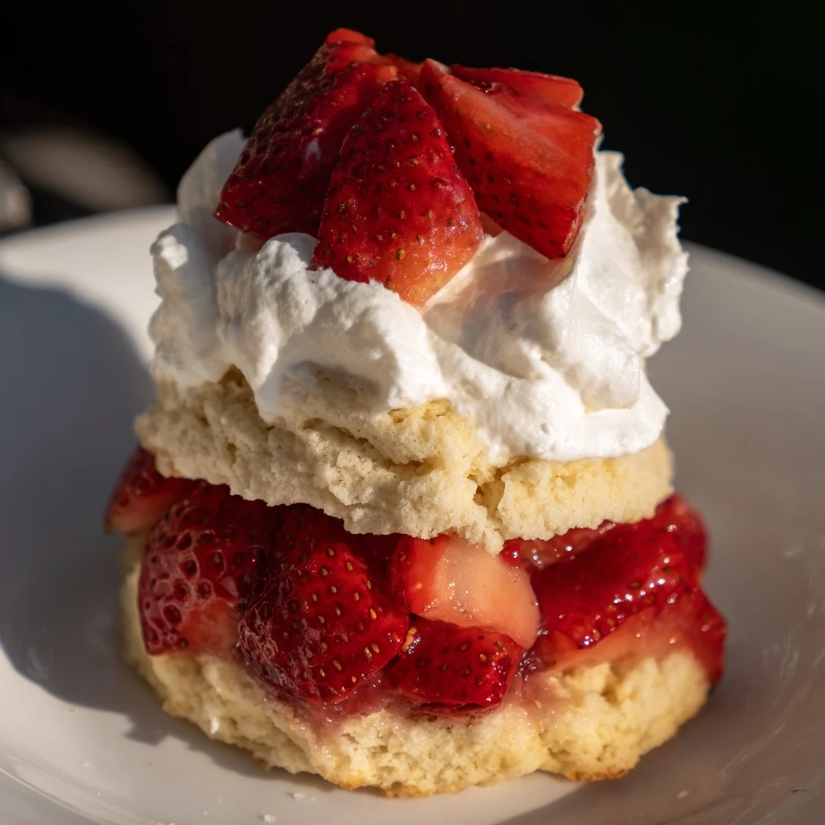 Golden-brown Strawberry Shortcake Cups with fluffy whipped cream and sweet, juicy strawberries layered between tender shortcake halves.  