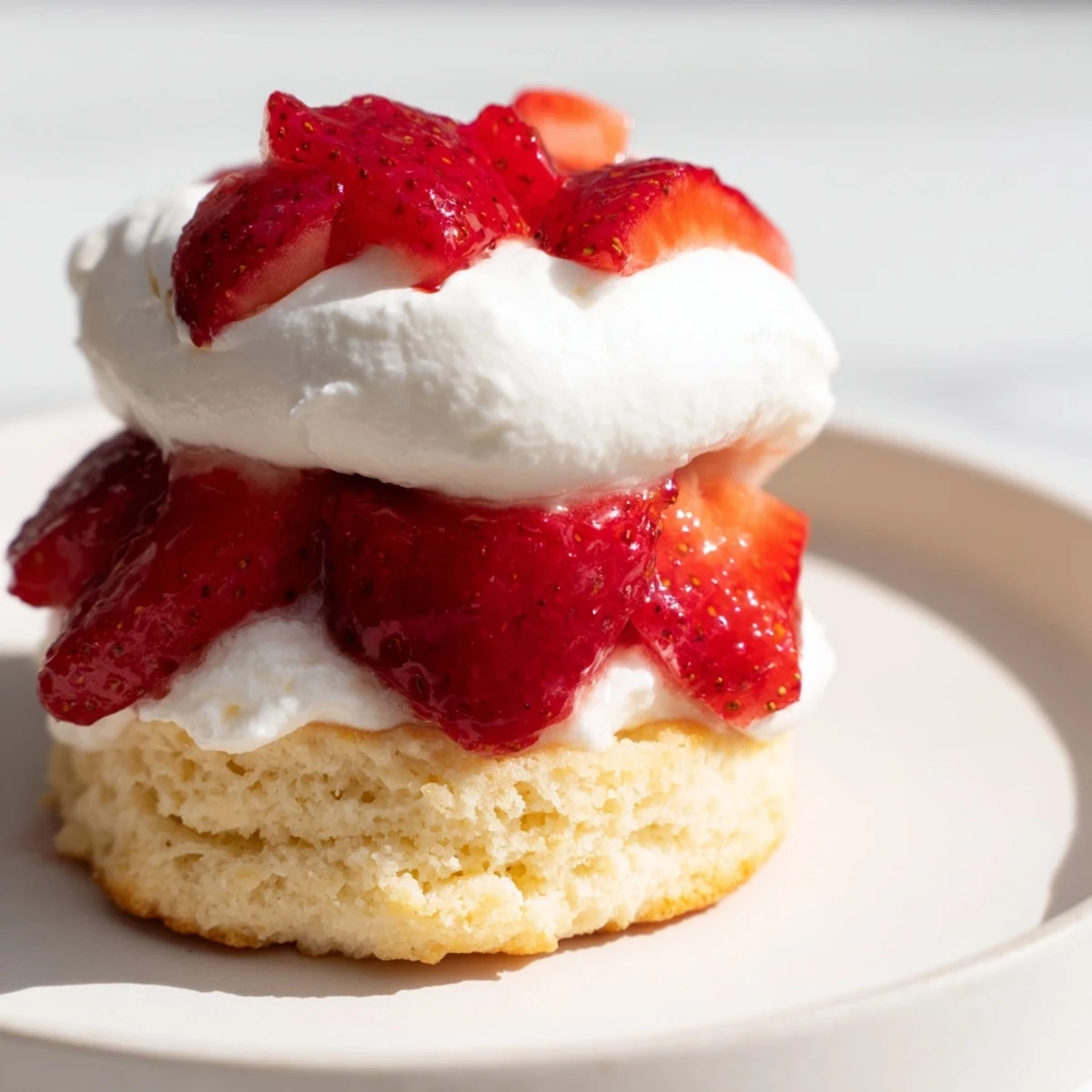 Strawberry Shortcake Cups featuring fresh berries macerated in sugar and lemon, piled high over a dollop of homemade whipped cream.  