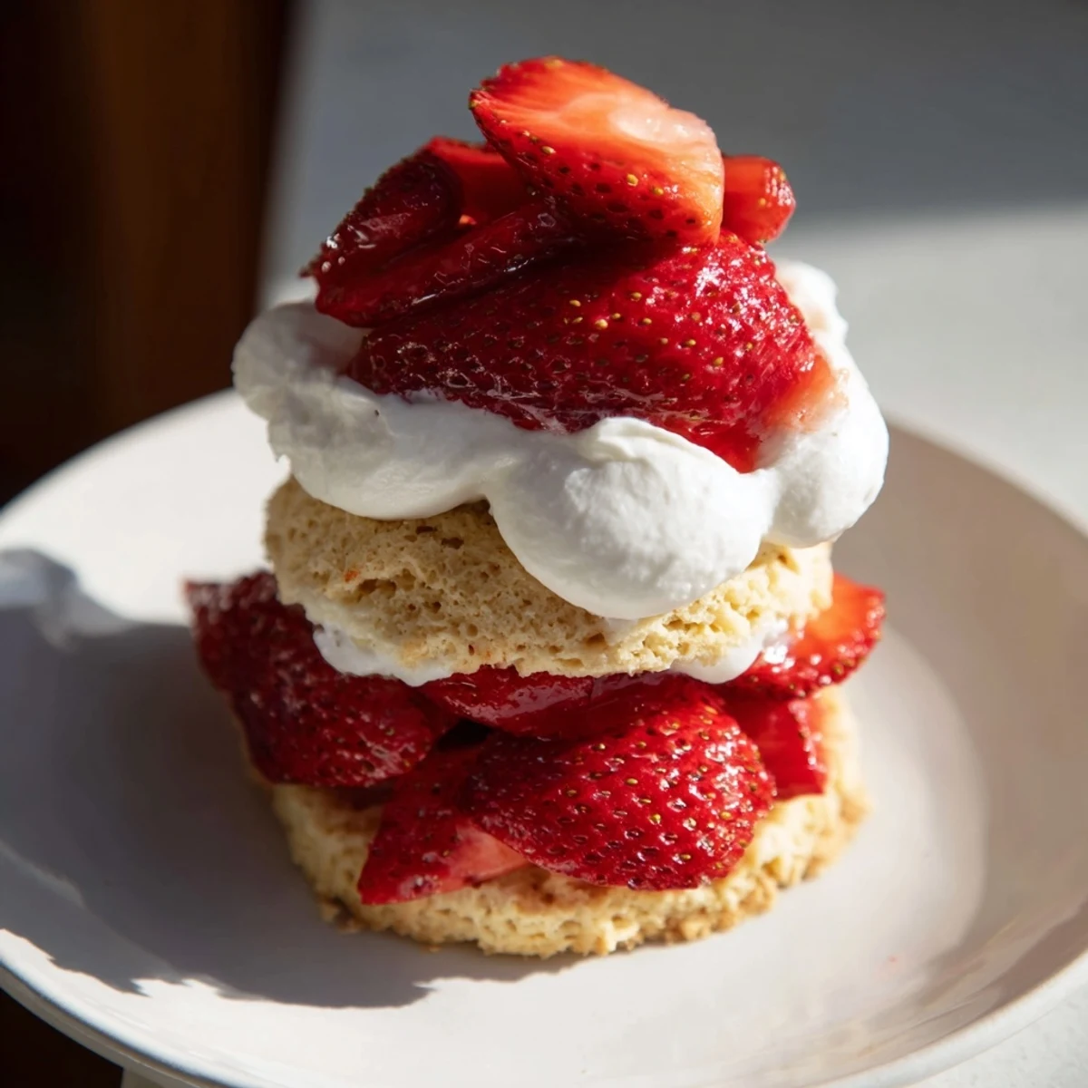 Warm Strawberry Shortcake Cups served with fresh strawberry slices and light, pillowy whipped cream, perfect for a summer dessert.