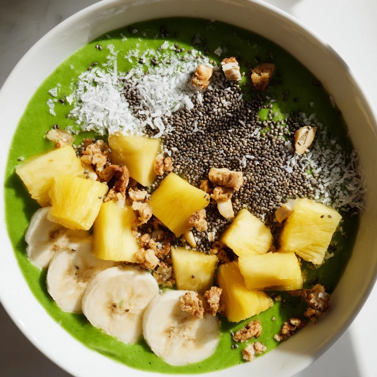 Vibrant green smoothie bowl topped with fresh pineapple, banana slices, and crunchy granola, ready to enjoy. 