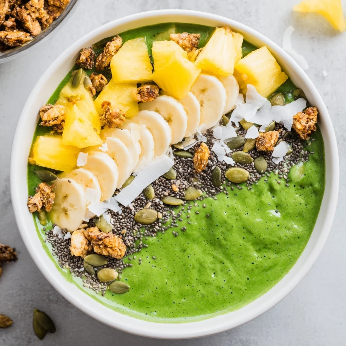 A close-up of a creamy spinach and pineapple smoothie bowl garnished with coconut flakes and pumpkin seeds. 