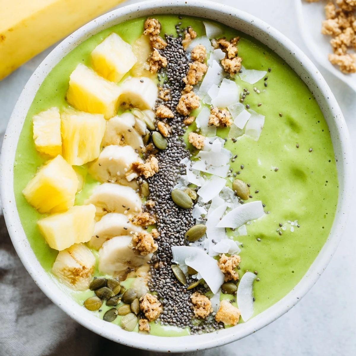 Healthy vegan green smoothie bowl with spinach, pineapple, and banana, served in a white ceramic bowl.