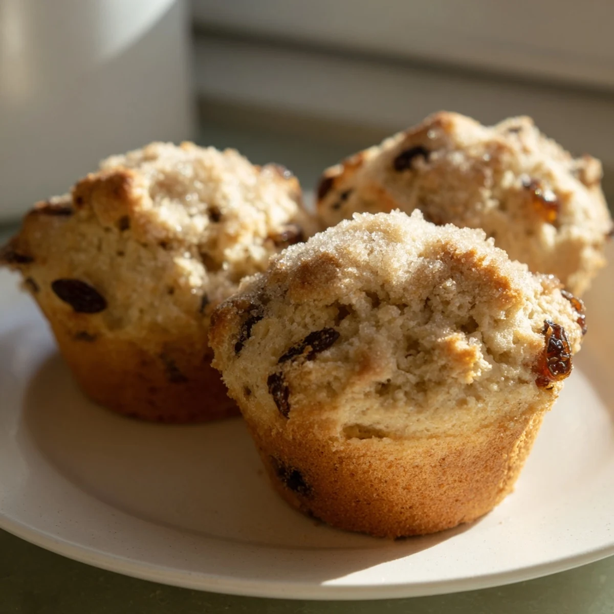 Golden-brown Irish Soda Bread Muffins with Raisins cooling on a wire rack, topped with coarse sugar.  