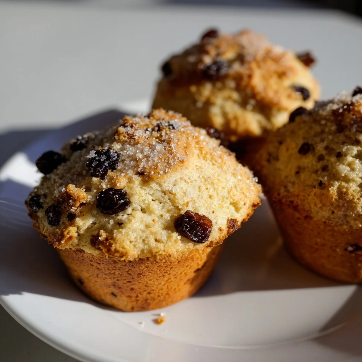 Warm Irish Soda Bread Muffins with Raisins, ready for breakfast with a pat of butter.