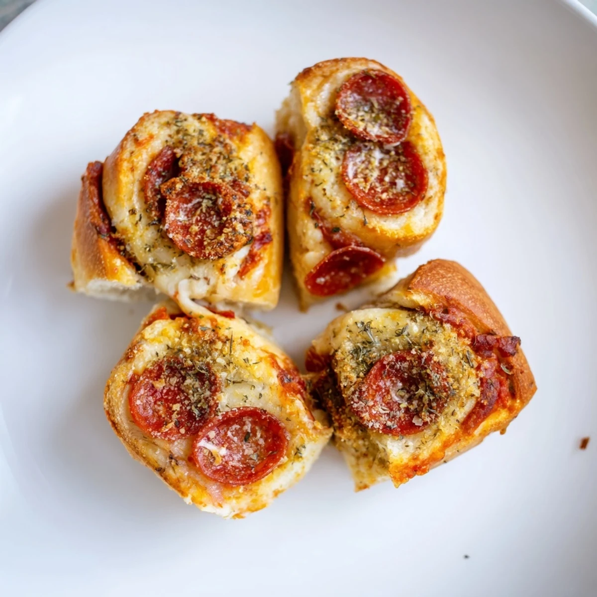 Golden-baked Pizza Rolls with Beef Pepperoni and Cheese sit steaming on a wooden board, their melted cheese peeking through crispy dough edges.